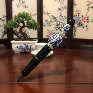 Handcrafted Porcelain Glass Beaded Pen with Silver Accents